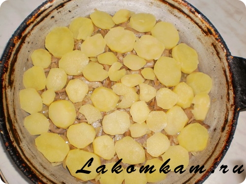 Блюдо из овощей Картофель запечённый с луком и грибами