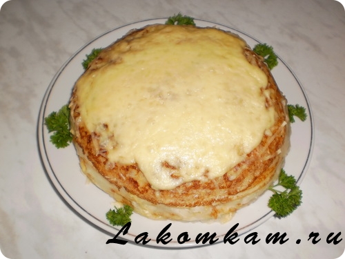 Закуска пирог Блинчатый с картофельным пюре и сыром